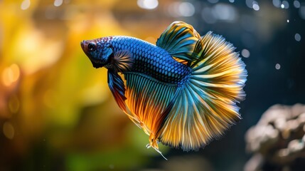 Wall Mural - A stunning dark blue orange Betta fish displays a vibrant and colorful tail against a natural background