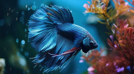 Wall Mural - A stunning blue Betta fish displays a vibrant and colorful tail against a natural background