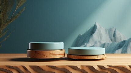 Sticker - The Muted green background with a wooden podium. On top of the wooden podium, two small podiums add a minimal touch to the product display