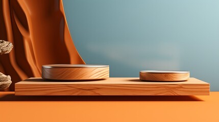 Poster -  The Burnt Orange background with a wooden podium. On top of the wooden podium, two small podiums add a minimal touch to the product display