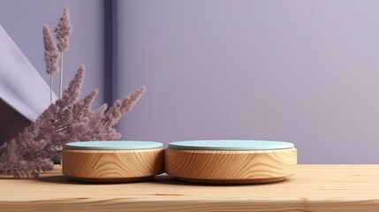 Sticker - The Pearly Lavender background with a wooden podium. On top of the wooden podium, two small podiums add a minimal touch to the product display