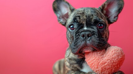 Cute lover Valentine French bulldog puppy dog lying with a red heart, isolated on pink background