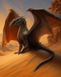 dragon sitting desert hill sky background burning soil sand environment selective breeding pointy ears wing profile wee whelp cute animal