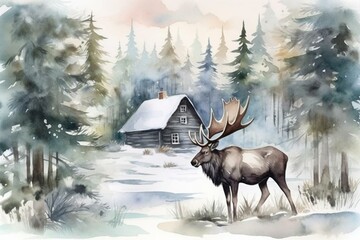 Wall Mural - Watercolor winter landscape with moose, house, trees, snow, pine. Village cottage in nature. Generative AI