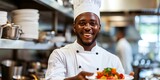 Fototapeta  - A cheerful African American chef presenting a delicious dish with a proud smile