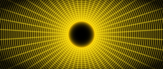 Wall Mural - Yellow glowing wireframe tunnel. Neon gold wormhole in dark space. Grid tunnel in perspective. Funnel or portal illusion. Circular mesh structure tube. Vector optical illusion art