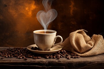 Fresh coffee with a heart shaped steam and some beans and sackcloth on rustic wooden table. Coffee concept for cafes.