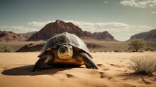 A Turtle In The Desert With Mountains In The Background. Generative AI.