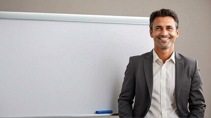 Sticker - A man in a suit standing next to a whiteboard. Generative AI.