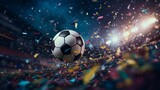 Fototapeta Sport - close up ball on midfield in soccer stadium,Colorful confetti flying in the air.football or soccer tournament,world football,soccer cup concept