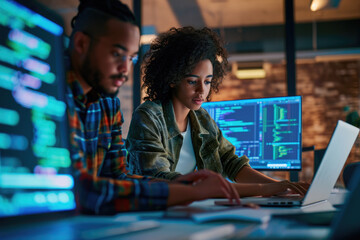 Diverse developers using laptop, discussing lines of dode that appear on big screens