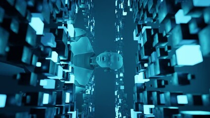 artificial intelligence prototype of robot humanoid cyber inside coding matrix background taking over futuristic concept 