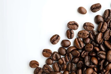 Rich roasted coffee beans on white background isolated. Close up view of brown caffeine goodness perfectly capture aroma and flavor in studio setting ideal for enthusiasts and food photography