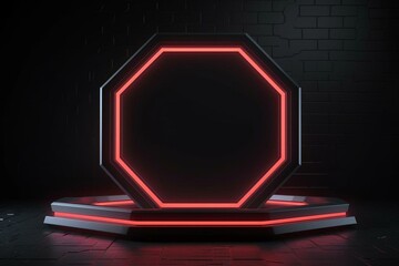 Wall Mural - Embossed shape on black surface with illuminated trim, neon octagon on tech background. 3D render. Generative AI