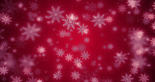 Christmas Festive Bright New Year Background Made Of White Glowing Winter Beautiful Falling Flying Snowflakes Patterns On A Red Background
