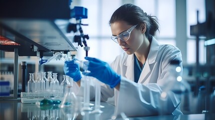 A woman in a lab coat conducting experiments , woman, lab coat, conducting experiments