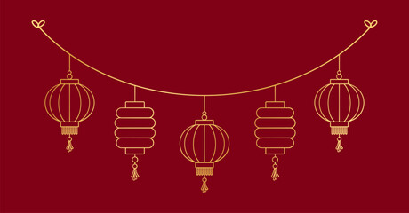 Poster - Gold Chinese Lantern Hanging Garland Outline Line Art, Lunar New Year and Mid-Autumn Festival Decoration Graphic