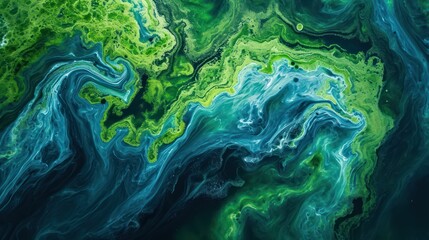 Sticker - Aerial view of a massive bloom of algae in a lake, fluid, organic pattern with vibrant greens and blues