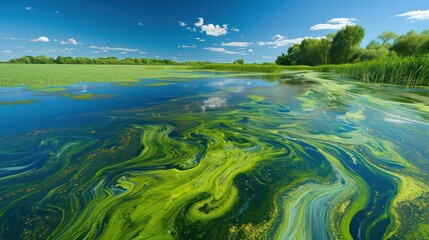Wall Mural - Aerial view of a massive bloom of algae in a lake, fluid, organic pattern with vibrant greens and blues
