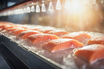 Wall Mural - A production line of fresh salmon fillets at a fish processing factory. Close-up.