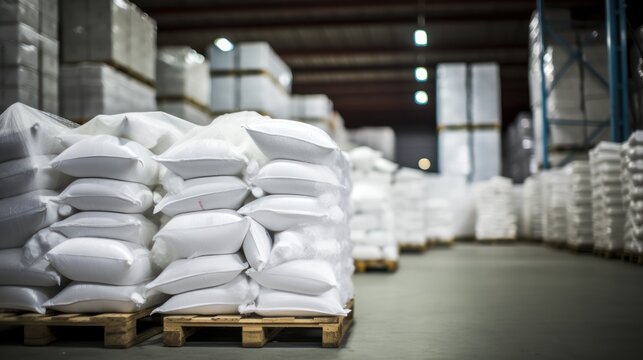 Stacked white sacks in a warehouse awaiting transportation.
