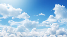 Fantastic Soft White Clouds Against Blue Sky Background With Sun Bright