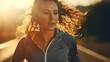 portrait of a woman jogging full of energy, the sun is shining from behind her beautiful hair.