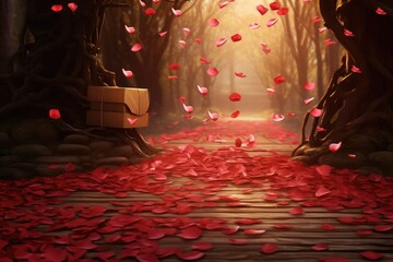 Canvas Print - A scenic path covered in red petals leads into a lush forest, A trail of rose petals leading to a surprise gift, AI Generated