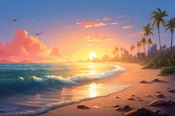 a beautiful painting capturing the serene beauty of a sunset on a tropical beach, adorned with swayi