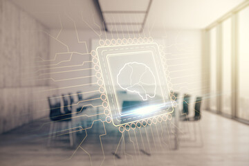 Wall Mural - double exposure of creative human brain microcircuit hologram on a modern boardroom background. futu