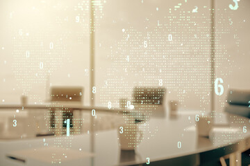 Wall Mural - double exposure of abstract programming language hologram and world map on a modern meeting room bac