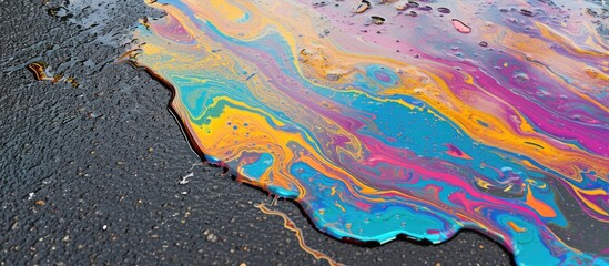 Wall Mural - Colorful texture of spilled petrol oil on wet pavement.