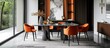 Contemporary dining space with a stylish rectangular table, four orange chairs, and a patterned grey rug.