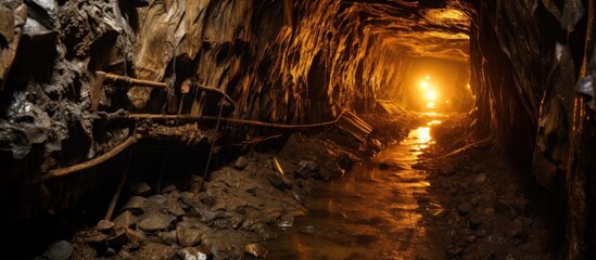 Wall Mural - inside a frightening abandoned gold mine tunnel in southern california.