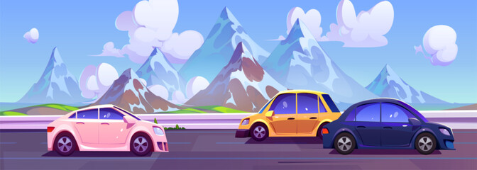 Wall Mural - Cars driving on road with mountains in horizon. Cartoon vector landscape with highway with automobiles travelling by asphalt highway near rocky hills. Skyline with three vehicles riding on roadway.