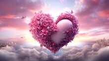 Heart Shaped Cloud With Pink Flowers And Butterflies In The Sky. Suitable For Greeting Cards, Romantic Designs, And Naturethemed Content.