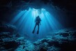 © Zaria - Deep sea diver exploring a mysterious and dangerous underwater cave, alone but determined, showcasing bravery against the unknown