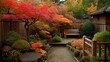 Outdoor courtyard decorated with red maple trees, park full of maple trees, Japanese garden, Japanese back garden，bench in autumn park