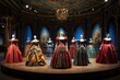 An array of womens dresses showcased for viewing at a museum exhibition, A Victorian-era royal court with elaborate gowns, AI Generated