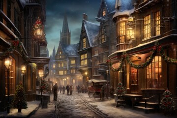 A vibrant painting showcasing a bustling city street during the Christmas season, A Victorian street scene on a snowy evening, AI Generated