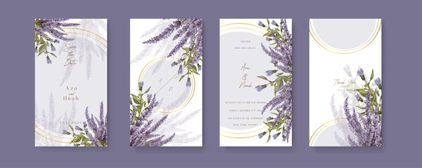 Fototapete - Purple violet lavender elegant wedding invitation card template with watercolor floral and leaves. Wedding invitation template in portrait or story orientation for social media poster