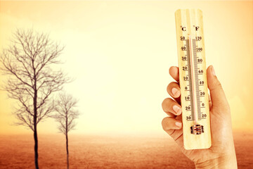 Wall Mural - Human hand holding thermometer with a high heat temperature