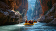 Rafting guide leading a group through a narrow river canyon. Dramatic rock formations surrounding the river