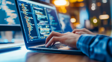 focused programmer in professional development, typing code on a laptop. screens display intricate c