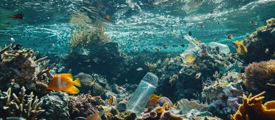 Canvas Print - Plastic containing marine life and coral.