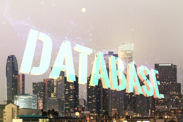Wall Mural - double exposure of database word sign on los angeles city skyline background, global research and an