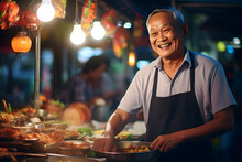 Local Man Stands Behind His Street Food Stall And Smiles. Male Street Vendor Of Thai Food At The Market
