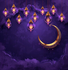  Happy Eid and Ramadan Arabic lantern with burning candle  Ramadan crescent moon, Eid Mubarak Islamic festival concept on a purple background social media banner and Eid Mubarak Post Template, Islam