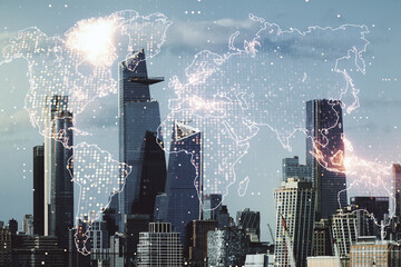 Wall Mural - multi exposure of abstract creative digital world map hologram on new york city skyscrapers backgrou