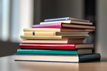 A book pile close up on a study desk. Front view pile book. Stack of colorful books on study table